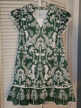 Sugarlips Green & White Tropical Flamingo Mini Dress